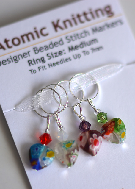 6 x Knitting Stitch Markers Handmade With Colourful Glass Heart Millefiori Beads 